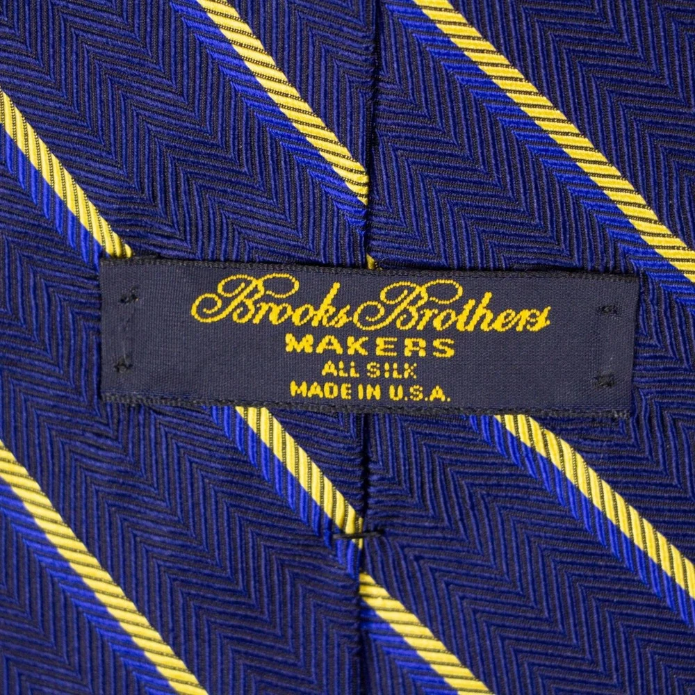 Brooks Brothers Makers Mens Silk Tie Blue Yellow Stripe Herringbone Made in‎ USA